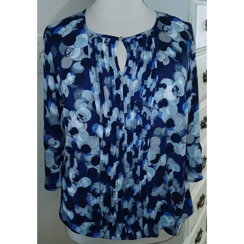 ROZ ALI Womens 1X Floral Career Pintuck Peasant Keyhole 3/4 Slit Sleeve Navy Top